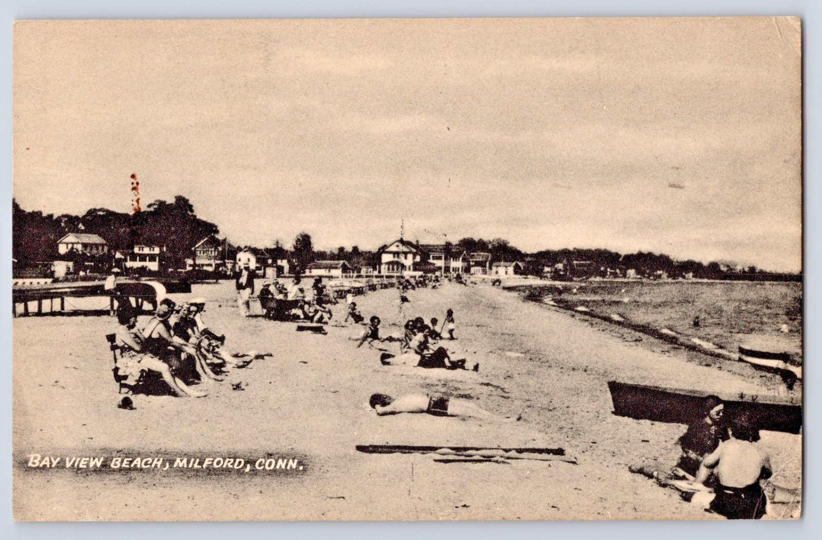 People Relaxing & Sunbathing Bay View Beach Milford CT Connecticut Vtg Postcard