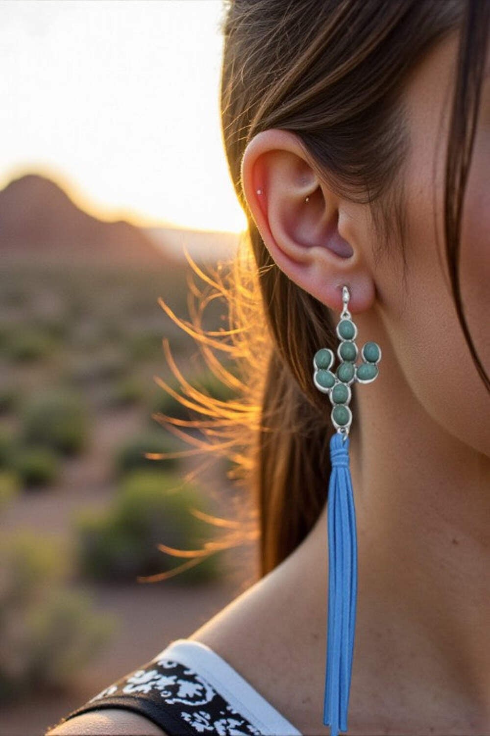 Cactus Gem Oblong Tassel Earring