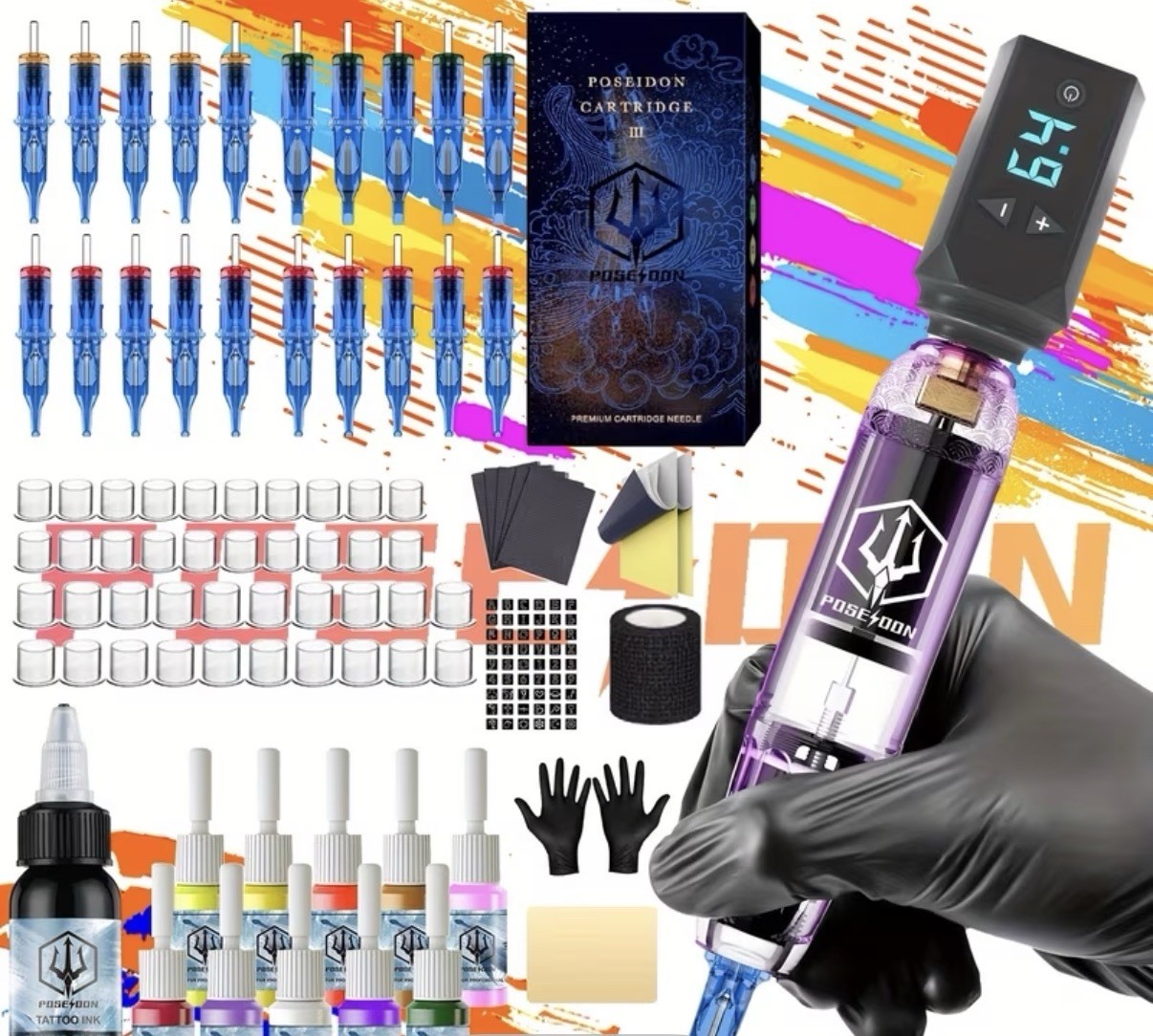 Cordless Tattoo Pen Kit, LED Display, Purple/Black