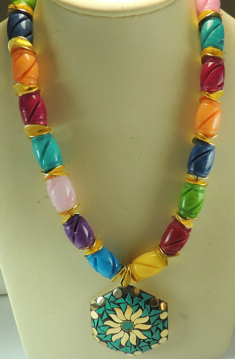 Statement Candy Multicolor Carved Jade Necklace with Turquoise Pendant