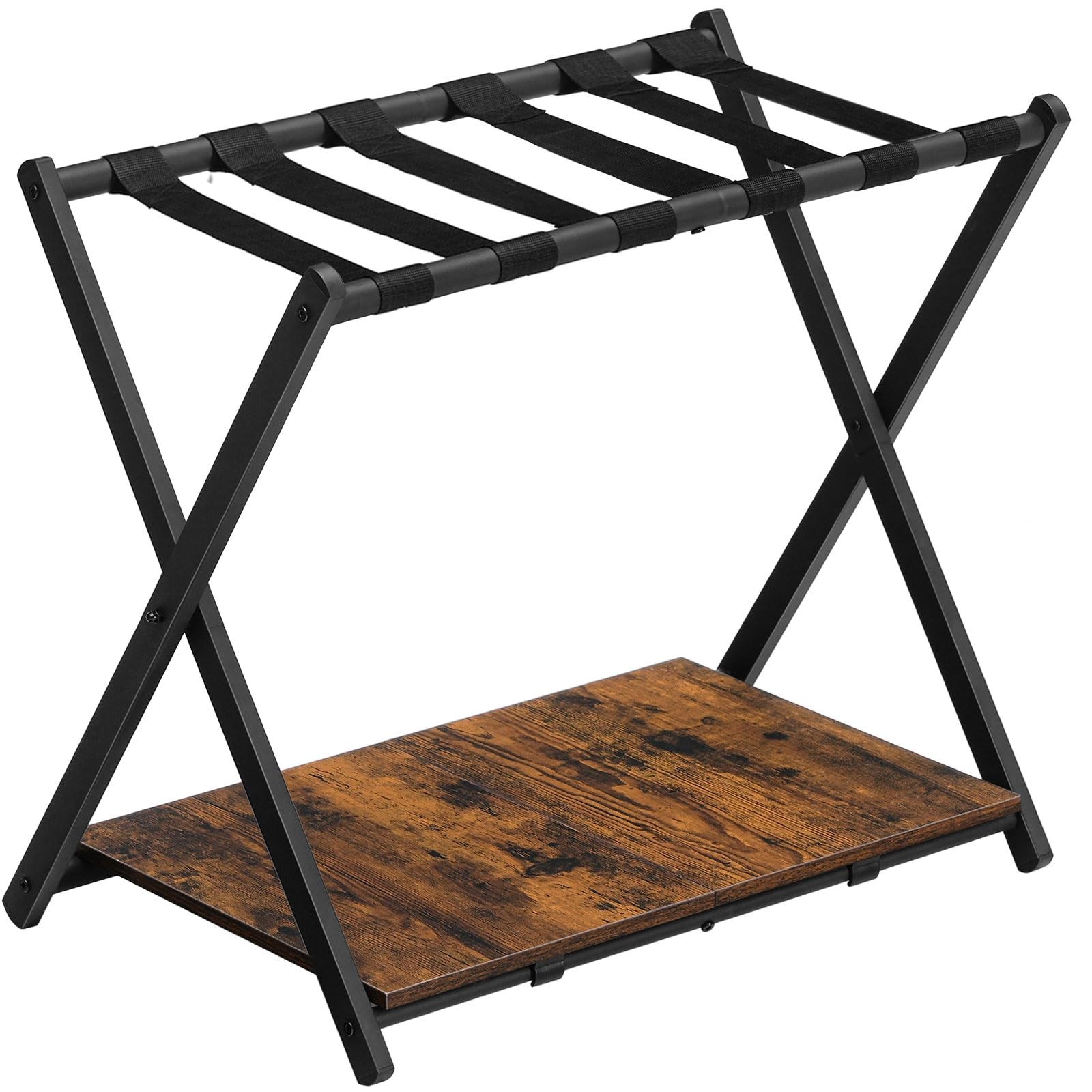 Folding Luggage Rack, Suitcase Stand Holder with Wooden Storage Shelf, Holds ...