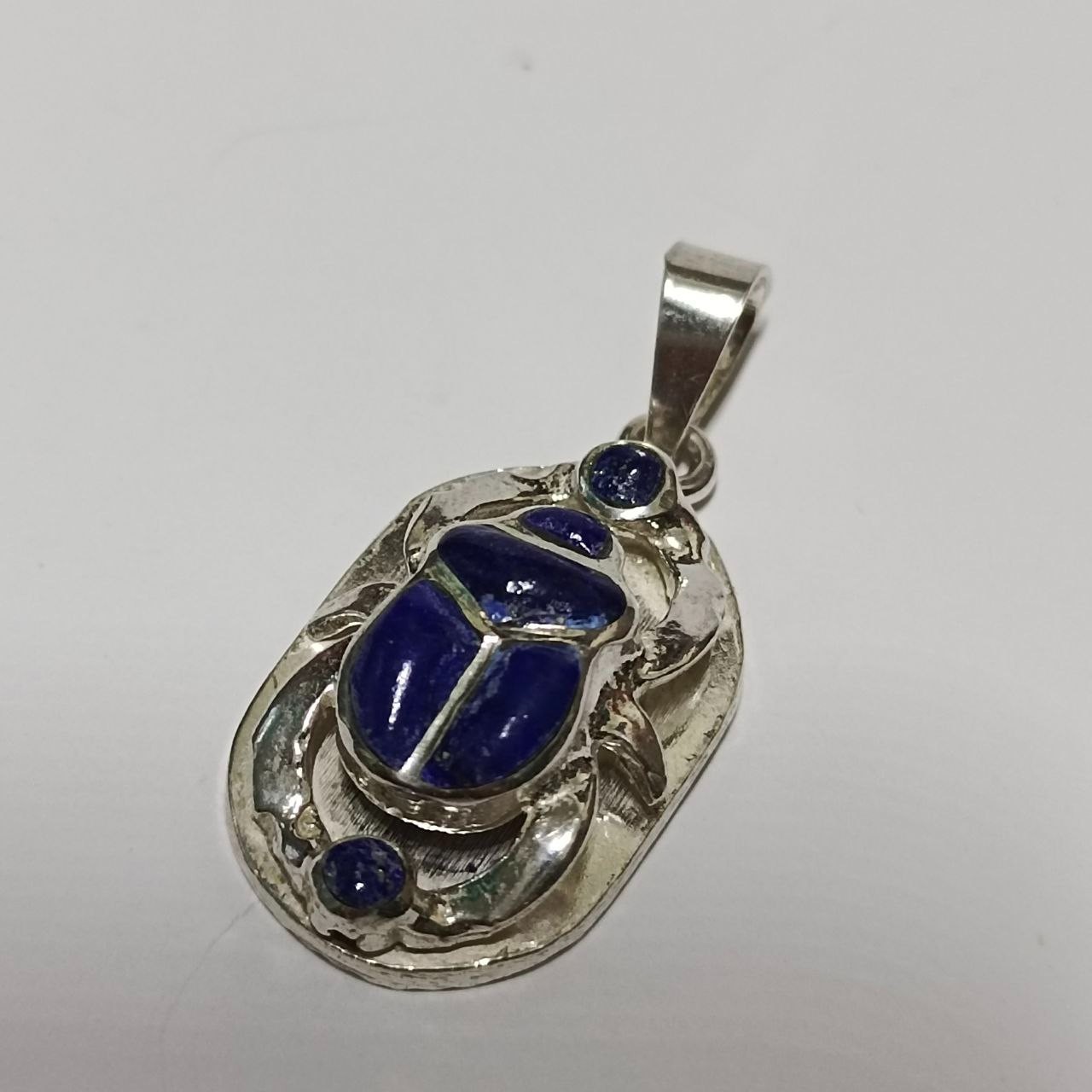925 Silver Scarab Pendant with Blue Stone, Handmade Egyptian Jewelry