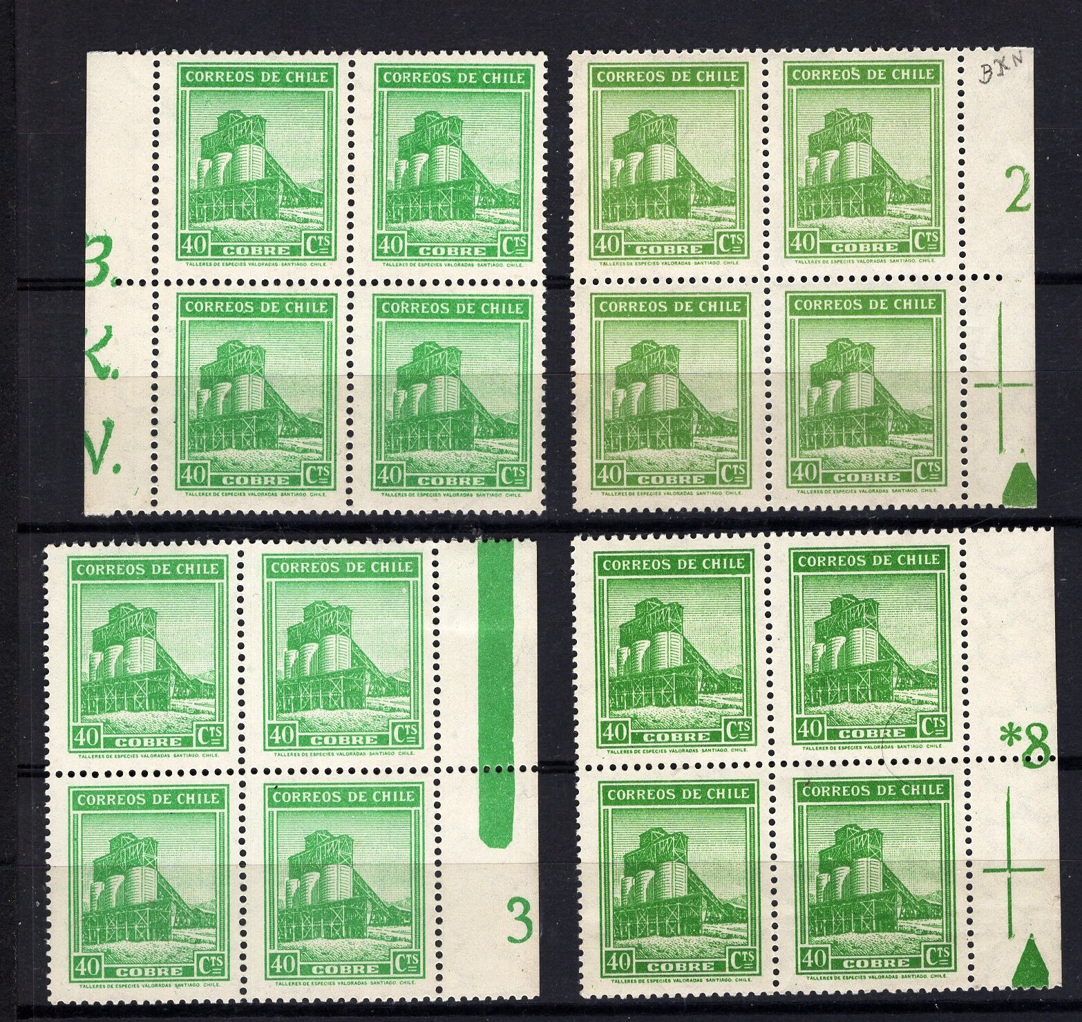 CHILE 1938-56 Views Sights 40c differents plate numbers imprint MNH/MLH block 4
