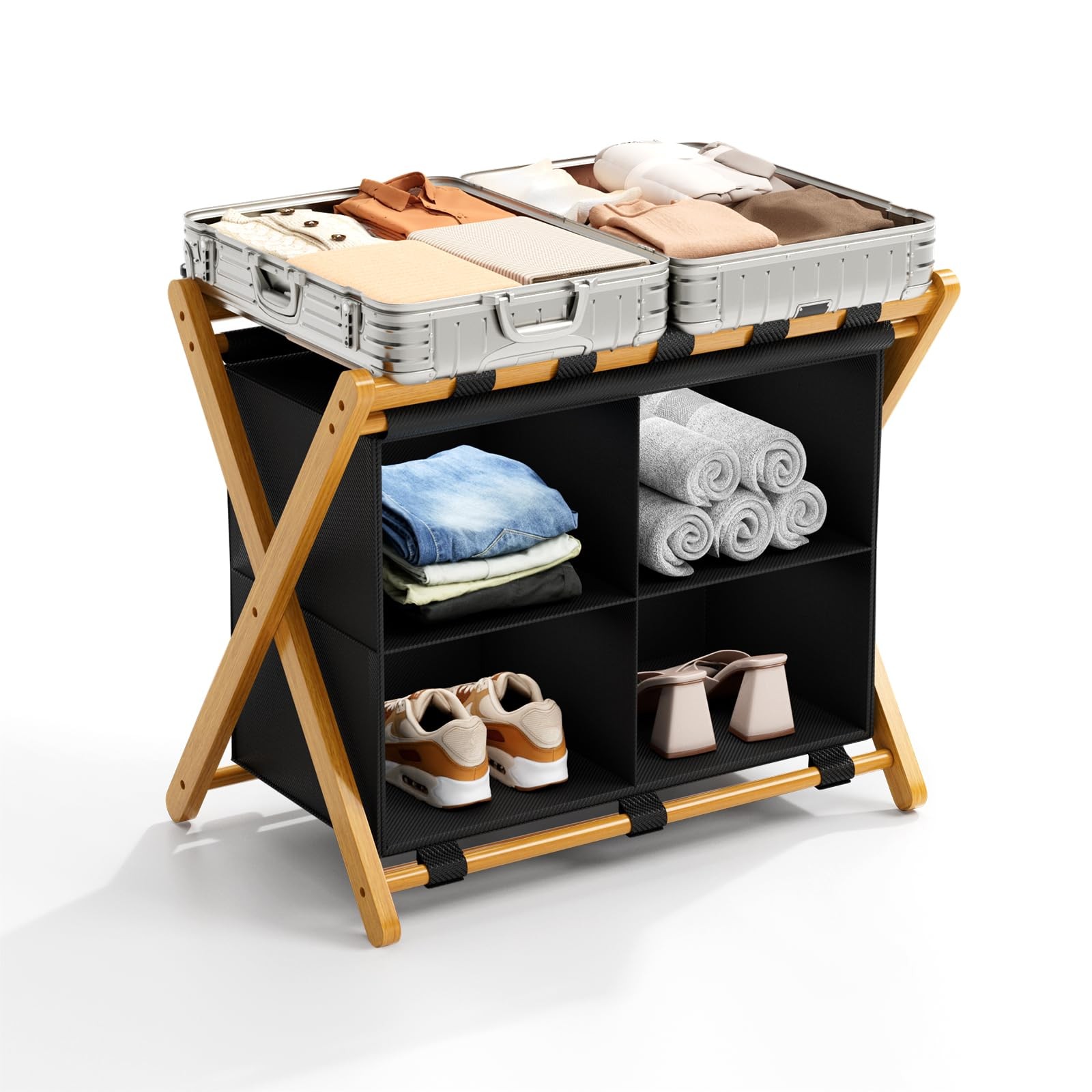 Natural Bamboo Luggage Rack with 4 Storage Compartments ，Foldable Suitcase St...