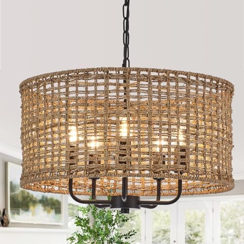 Hand-Woven Rattan Chandelier Vintage Farmhouse Boho Bamboo Black 5-Light