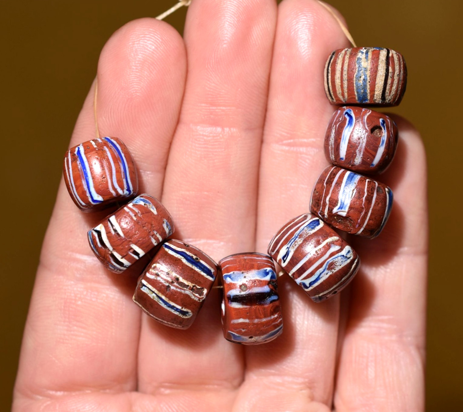 Antique Venetian Brick Red Lampwork Italian Glass Beads Stripes, African Trade