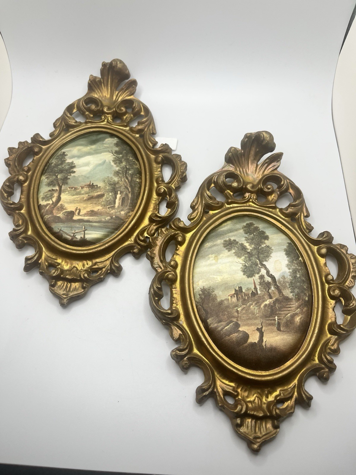 Vtg Made In Italy Padded Fabric Pictures Ornate Gold Painted Plastic Frame Set