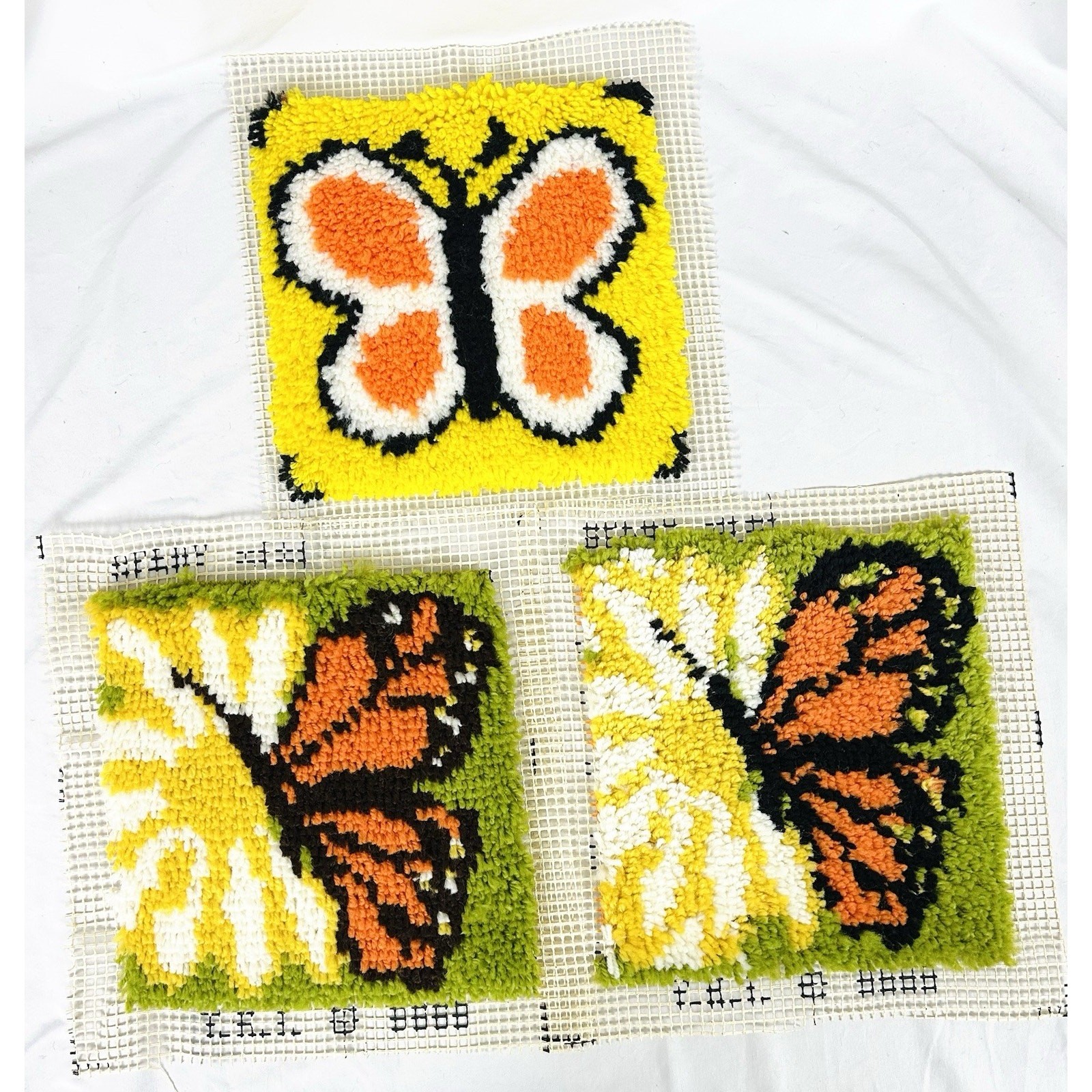 Vintage 1970s Butterfly Latch Hook Rugs Wall Hangings Yarn Art Boho Hippie 12”