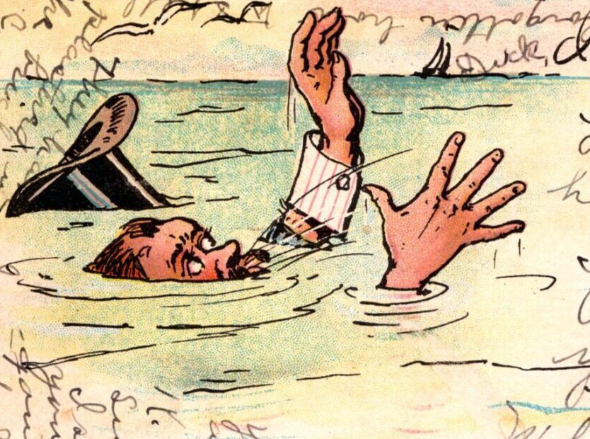 c1905 I Drop You A Line In Haste, Man Sinks Into Water ANTIQUE Humor Postcard