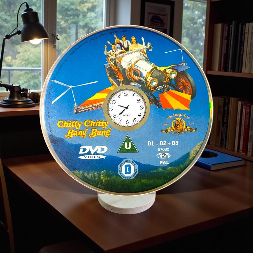 Chitty Chitty Bang Bang DVD Clock - Upcycled Handmade Desktop Clock with Stand