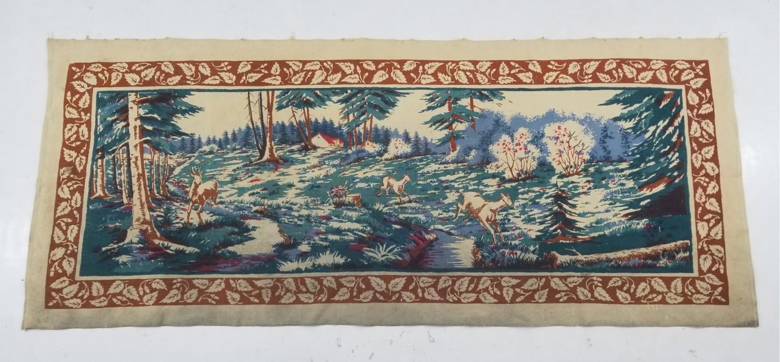 Vintage French Printed Deer Forest Scene Tapestry 178x74cm