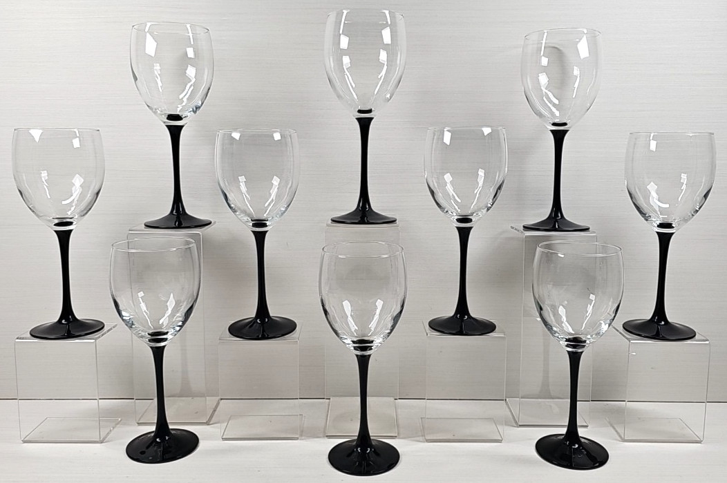 (10) Luminarc Domino Signature Black Tall Water Goblets Set Cristal Stemware Lot