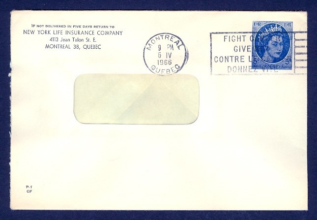 CANADA 1966 5c WILDING PRIVATE ORDER NY LIFE WINDOW ENVELOPE