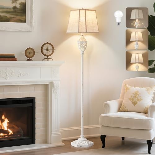  Rustic Floor Lamp - Resin Carved Base with Hollow Night Light, Farmhouse Cream