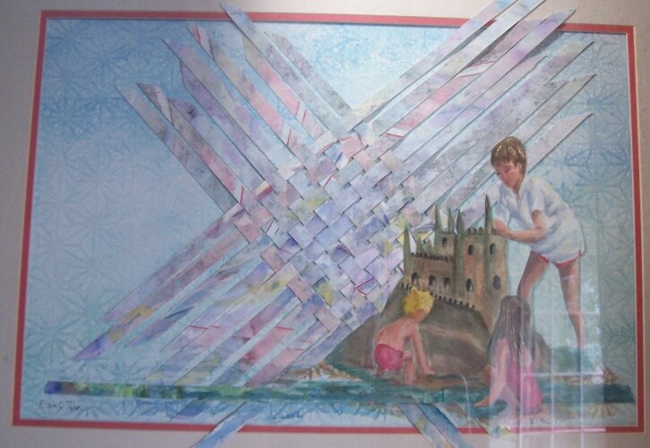 Hand Made Paper Collage Beach Scene, Signed Hoke, Framed, Matted, 21.5" x 28.5"