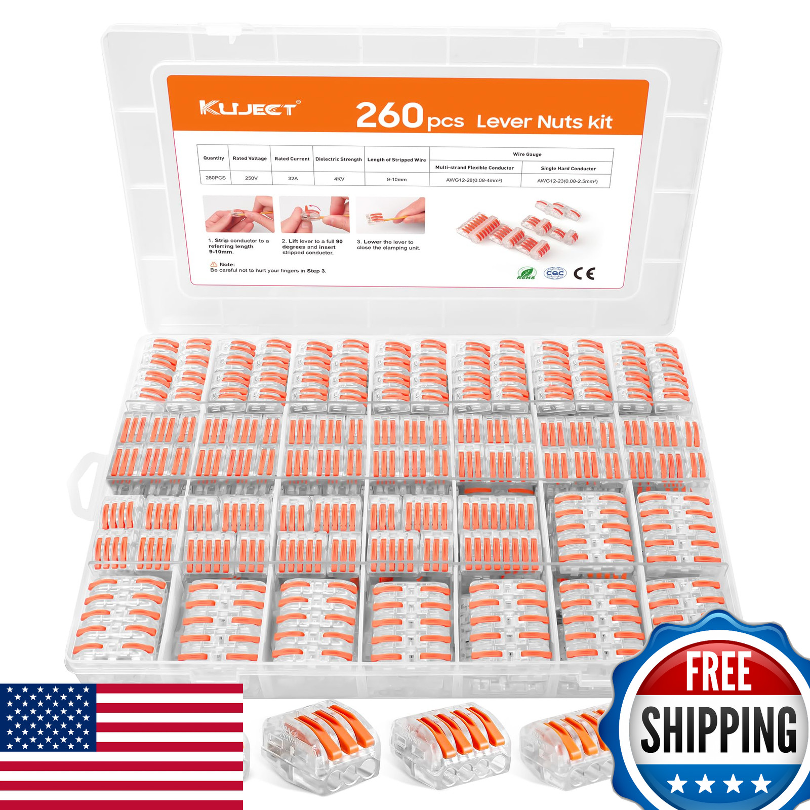 Kuject 260PCS Lever Wire Nuts Connectors Kit 2/3/4/5/8 Conductor AWG 28-12