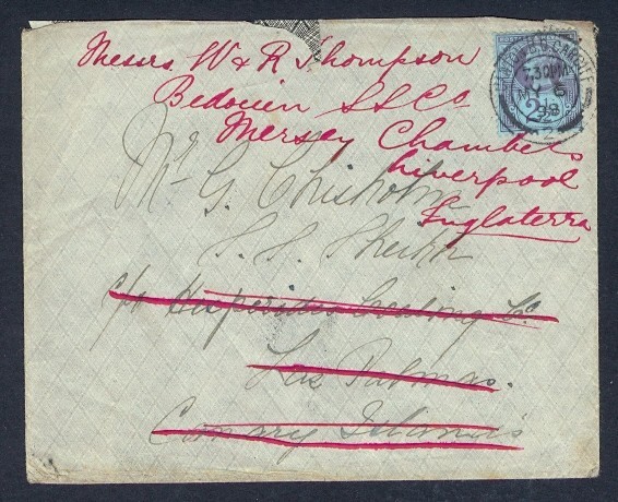 GREAT BRITAIN #114 1898 TO CANARY ISLANDS PLYMOUTH SHIP LETTERS CDS