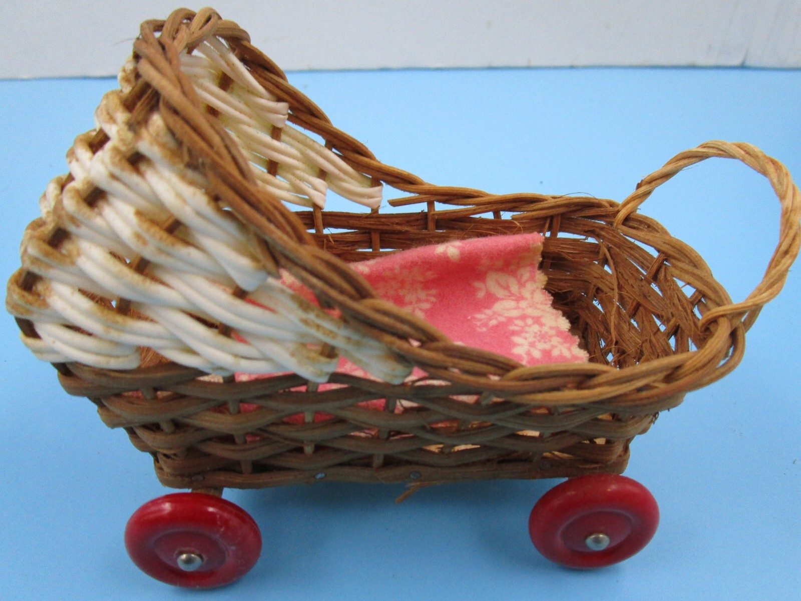 VINTAGE MINIATURE WOODEN TOY BABY STROLLER - 1950'S GERMAN MADE, 6"L x 4"TALL
