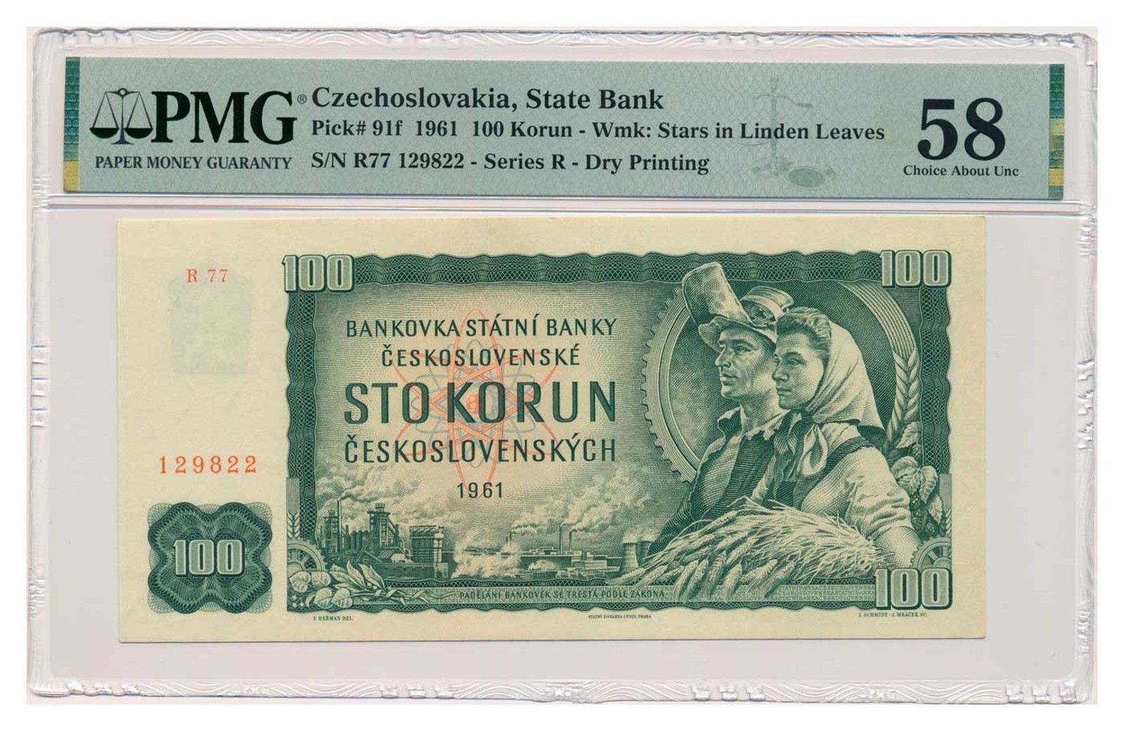 CZECHOSLOVAKIA banknote 100 Korun 1961 serie R 77 PMG AU 58 EPQ Choice About Unc