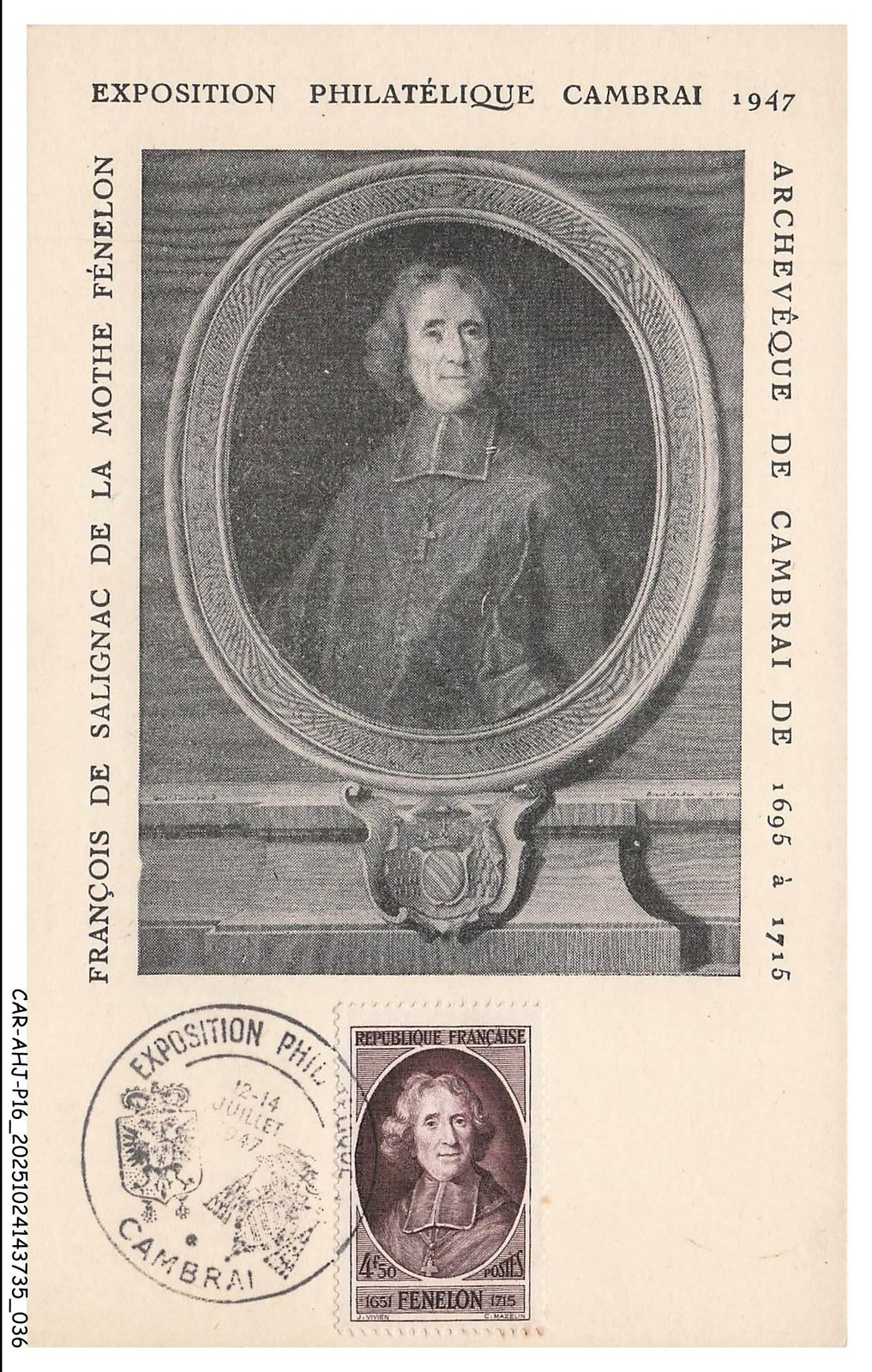 CAR-AHJP16-0775-CARTE-MAXIMUN - Philatelic Exhibition Cambrai - Fenelon - 1