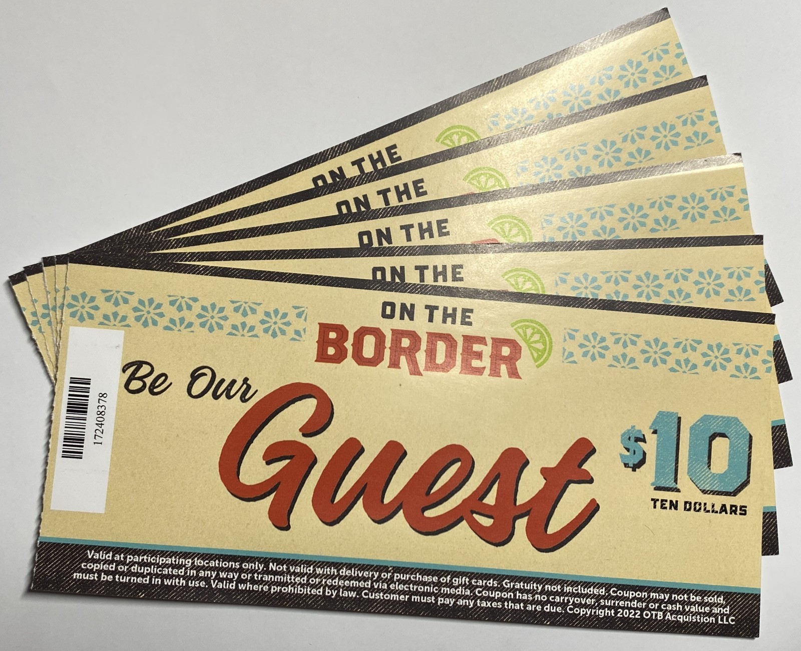 $50 "ON THE BORDER" Be Our Guest Gift Certificates Gift Cards No Expiration