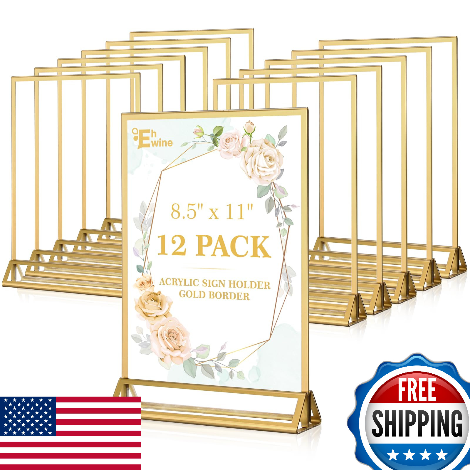 EHWINE 12 Pack Acrylic Sign Holders 8.5x11 Double Sided Gold Tabletop Frame