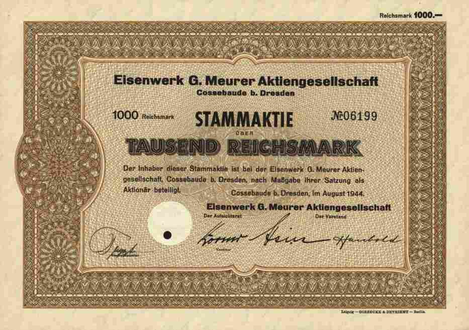 Eisenwerk G. Meurer AG 1944 Cossebaude Dresden Hamburg Altona Budapest 1000 RM 