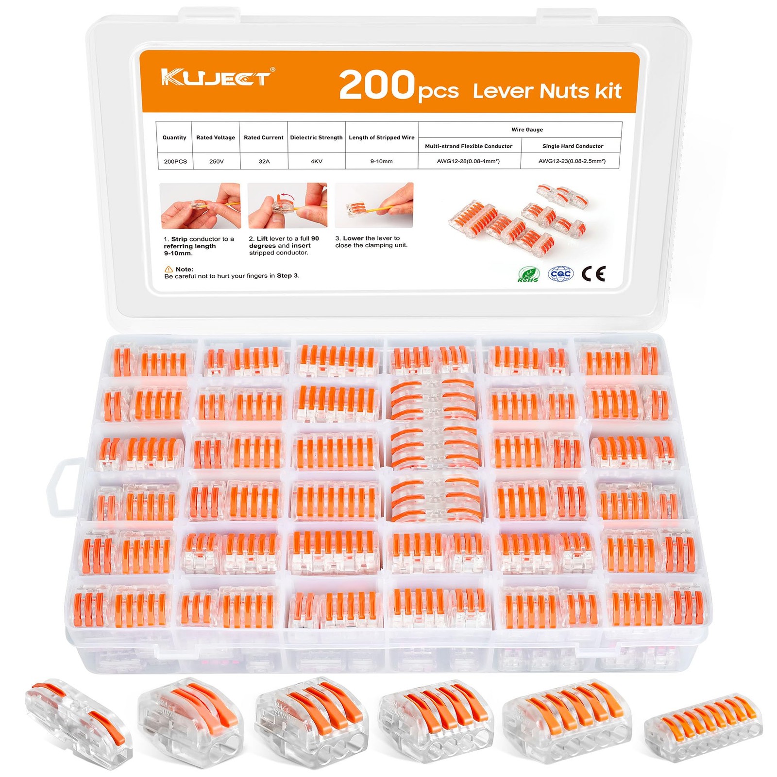 Kuject 200PCS Lever Wire Connectors Kit 2/3/4/5/8 Conductor Assortment Set