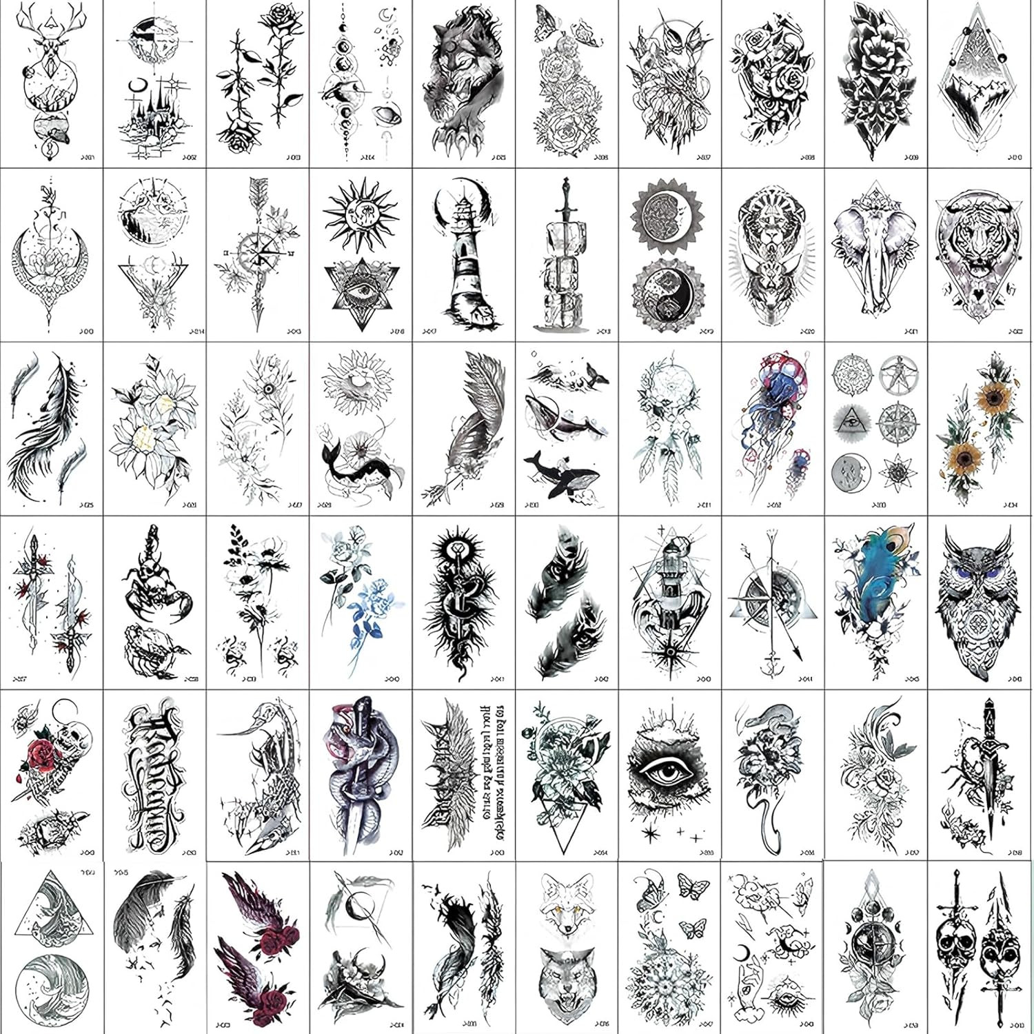 Temporary Tattoos, 64 Sheets Black & White Realistic, 12 Sheets Big Sleeve, 52 S
