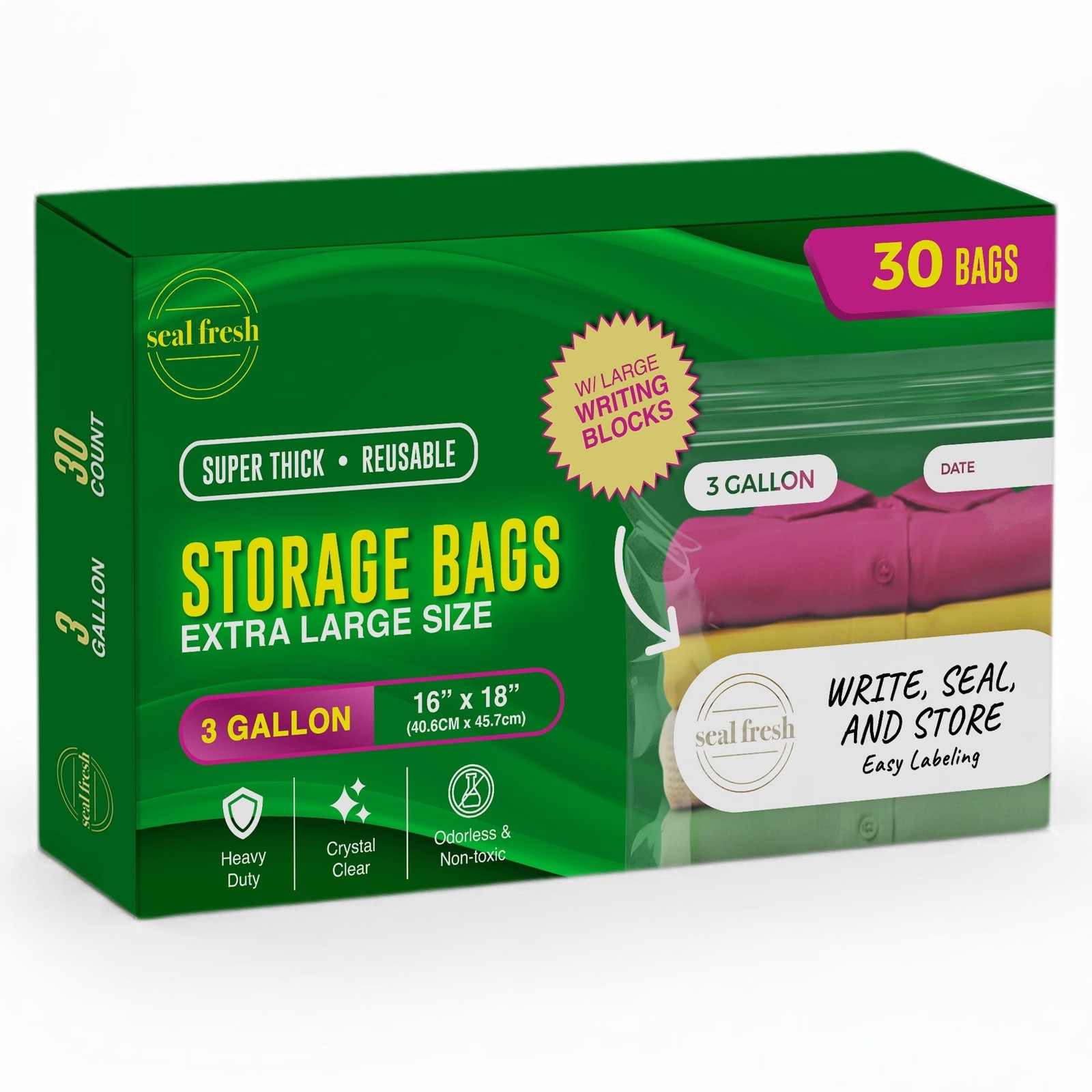 3 Gallon Large Plastic Storage Bags – 16" x 18" (30 Count) – Reusuab