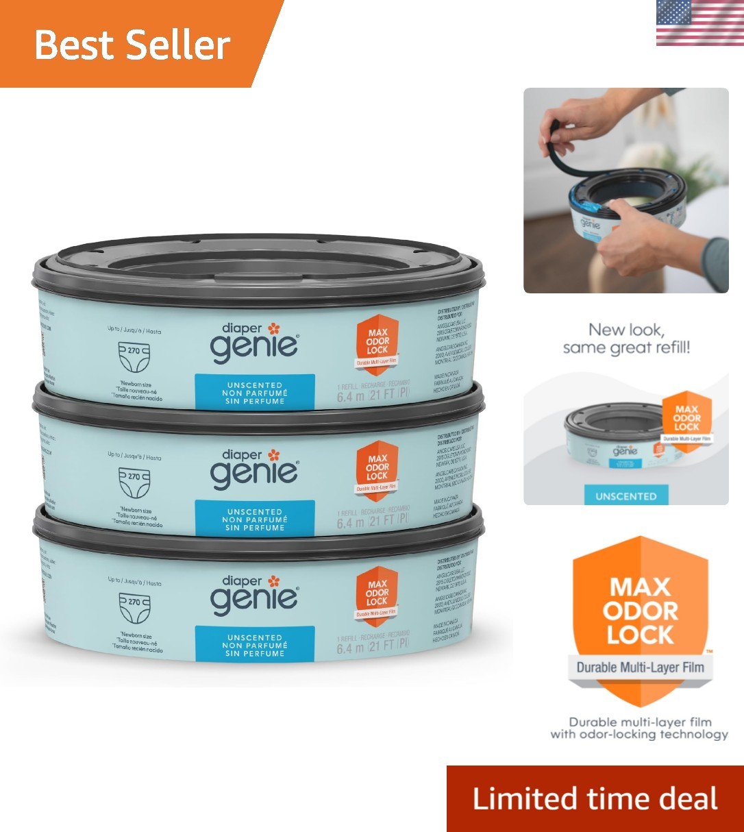 Bags Refills 270 Count Pack of 3 with Max Odor Lock | Holds Up to 810 Newborn...