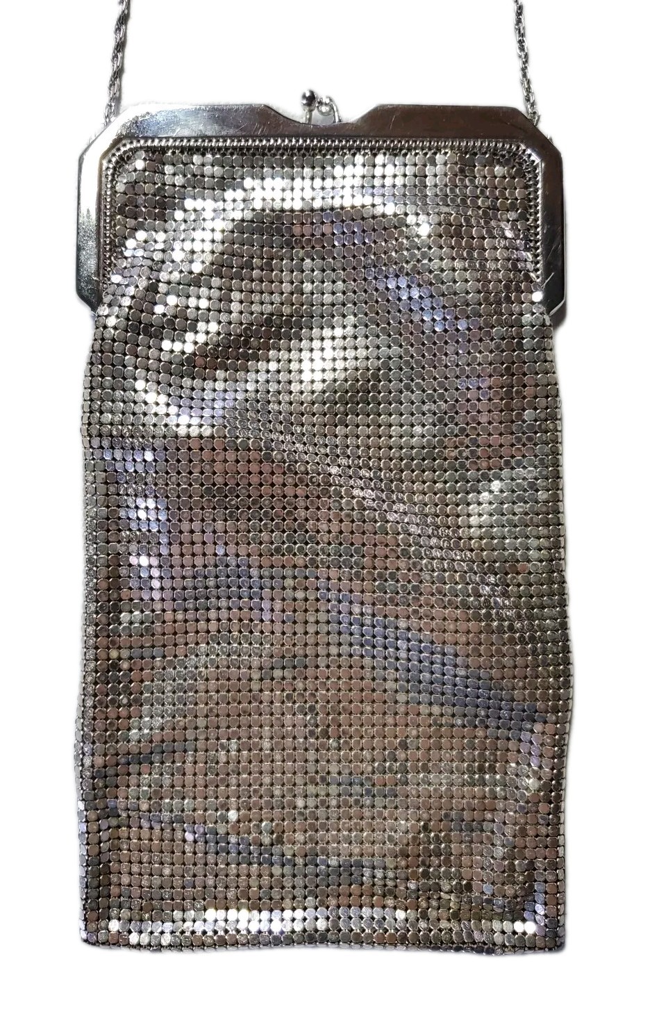 Vintage Whiting & Davis Silver Metallic Mesh Purse Bag Long Chain USA Made *READ