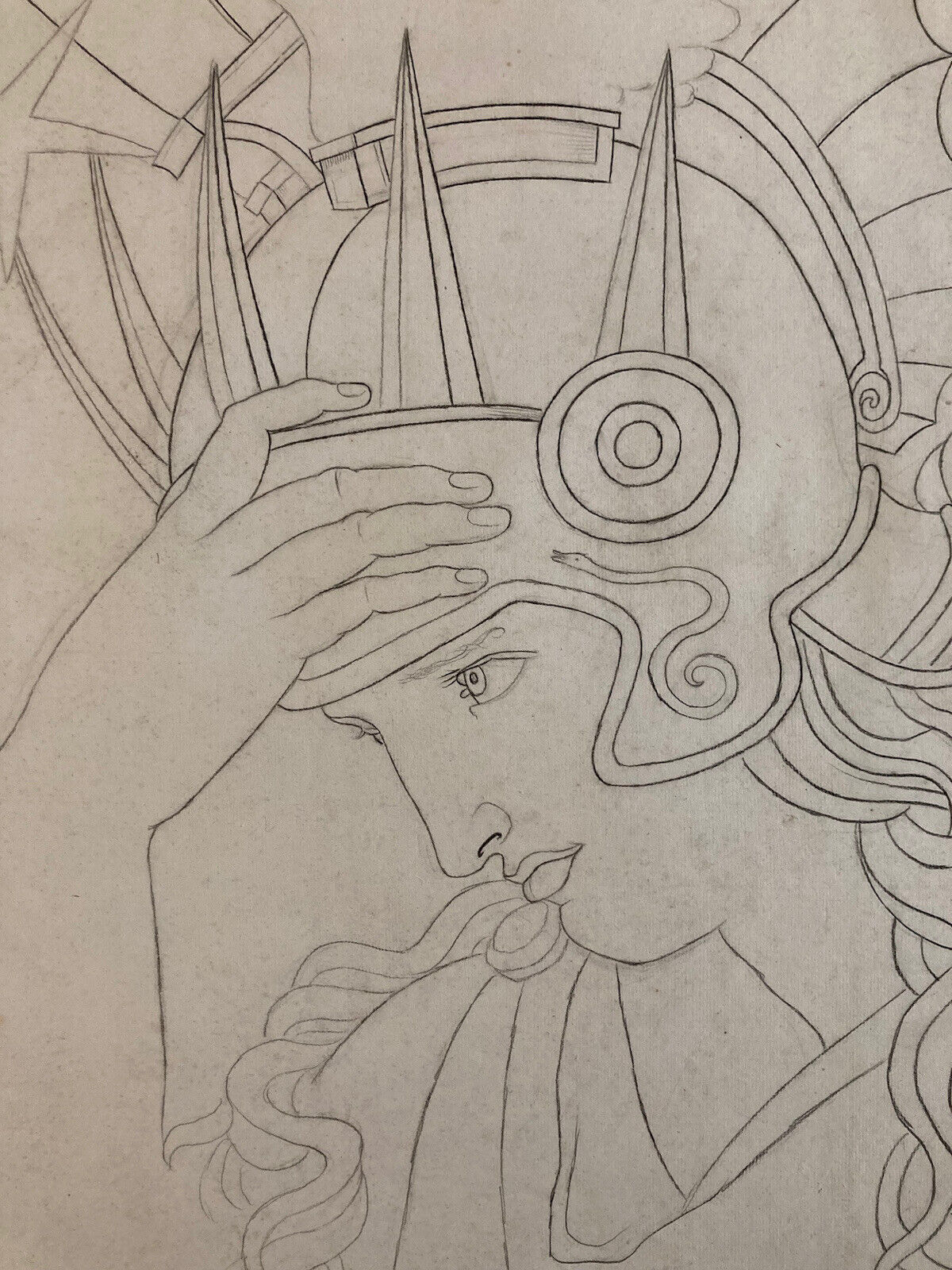 Very Nice Large Drawing Lead Mine Ink Helmet Soldier Italy Xixth Portrait 1850