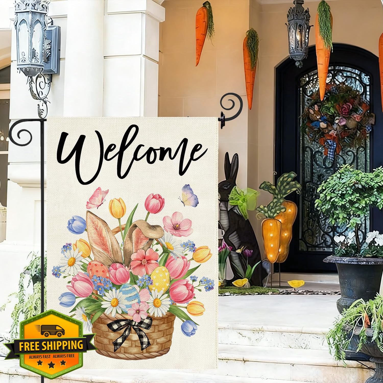 Baccessor 12x18" Easter Garden Flag Double Sided Burlap Bunny Flowers