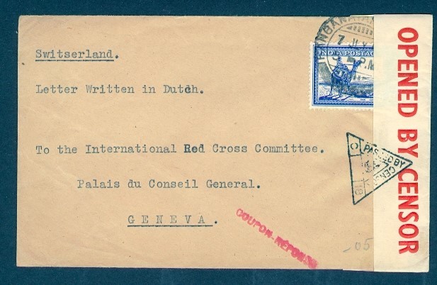 INDIA WWII COUPON RESPONSE CENSORED TO SWITZERLAND