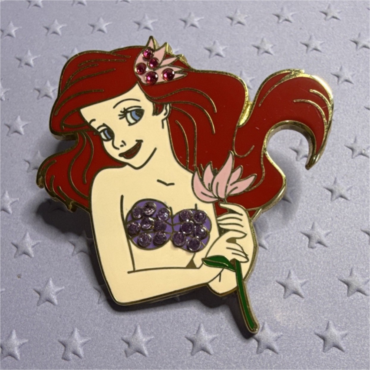 Disney The Little Mermaid Ariel Glitter Pin Single Purple Flower Movie 2008