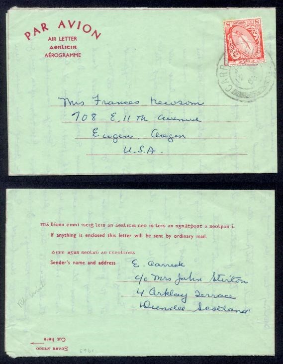 IRELAND 1963 8p AEROGRAM TO USA