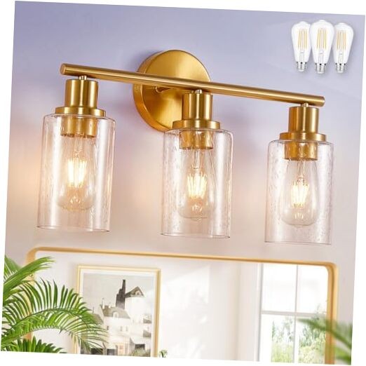 DLLT Bathroom Light Fixtures: Gold Modern 3-Light Brushed Gold & Bubbled Glass