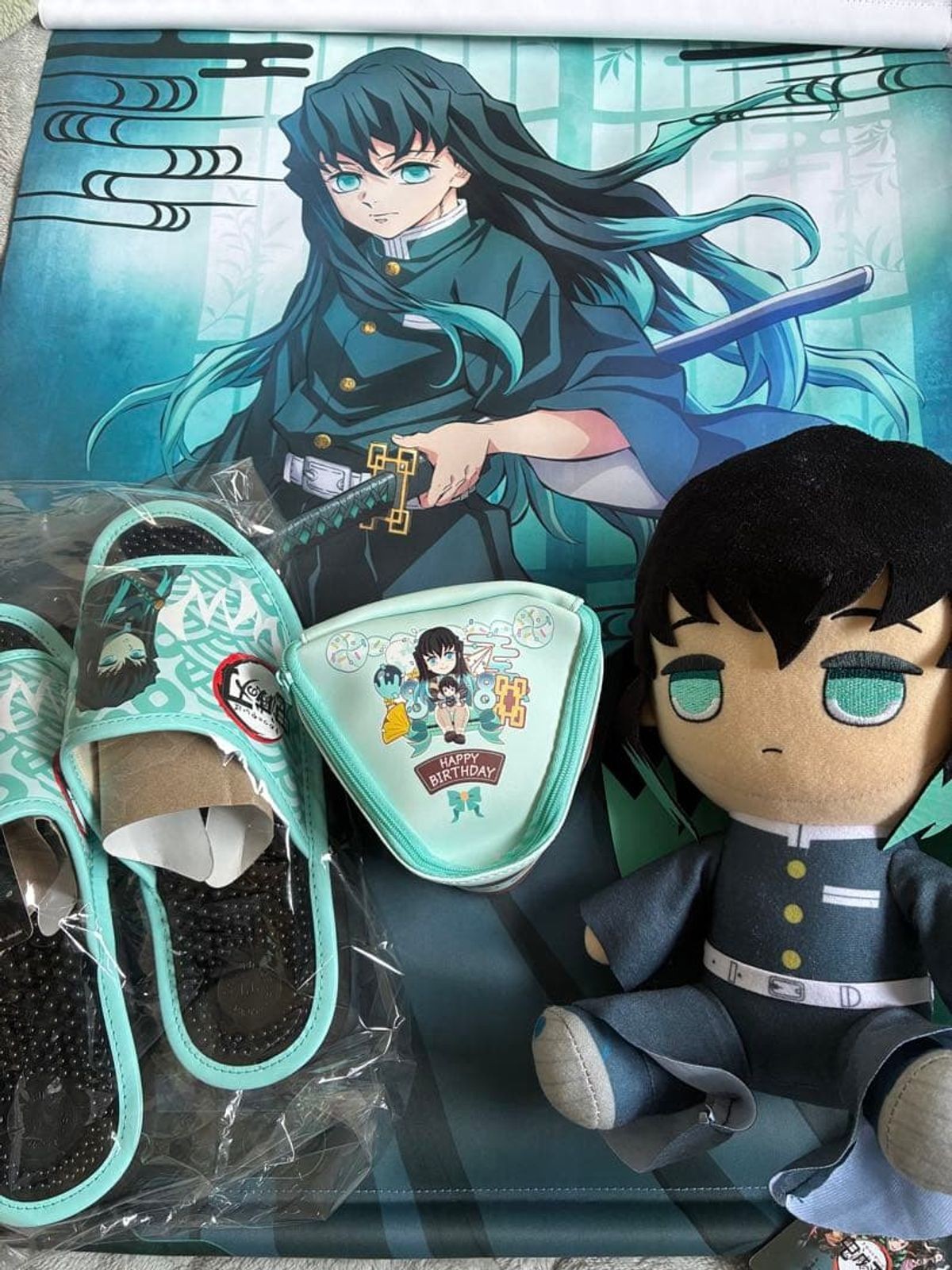 Demon Slayer Muichiro Tokito Plush, Tapestry, Pouch, Sandals Set