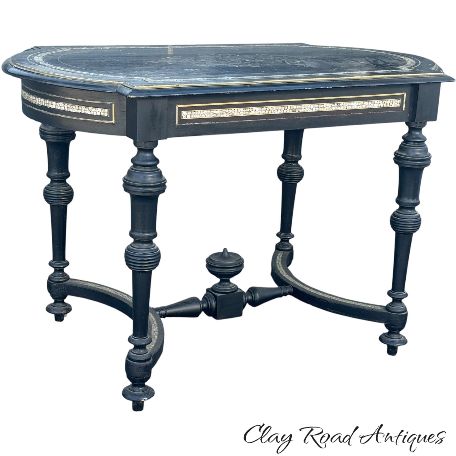 Antique Louis  victorian inlaid parlor table mother of pearl brass ornate ebony