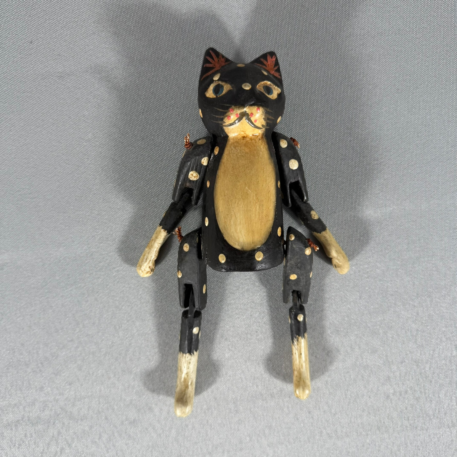 Vintage Hand-Painted Wood Black Cat Articulated Joints 7.5" Halloween Folk Art