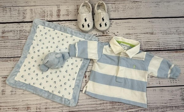 Ralph Lauren Baby Boy Lot Rugby Shirt Sz 3 Months, Bear Lovey & Crib Shoes