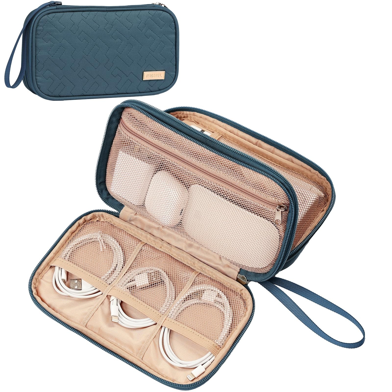 NISHEL Travel Cord Organizer Case, Double Layers Tech Medium, Lake-Blue 
