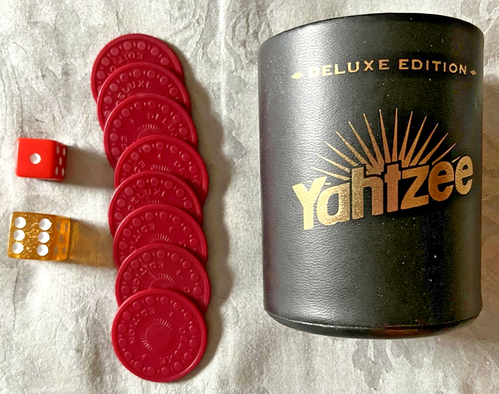 Lot of Yahtzee Deluxe Edition Replacement Parts - Cup, Dice, Bonus Chips