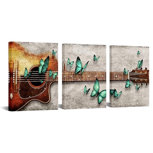  Guitar Wall Decor Vintage Musical Art Teal Butterfly Painting Canvas Prints 