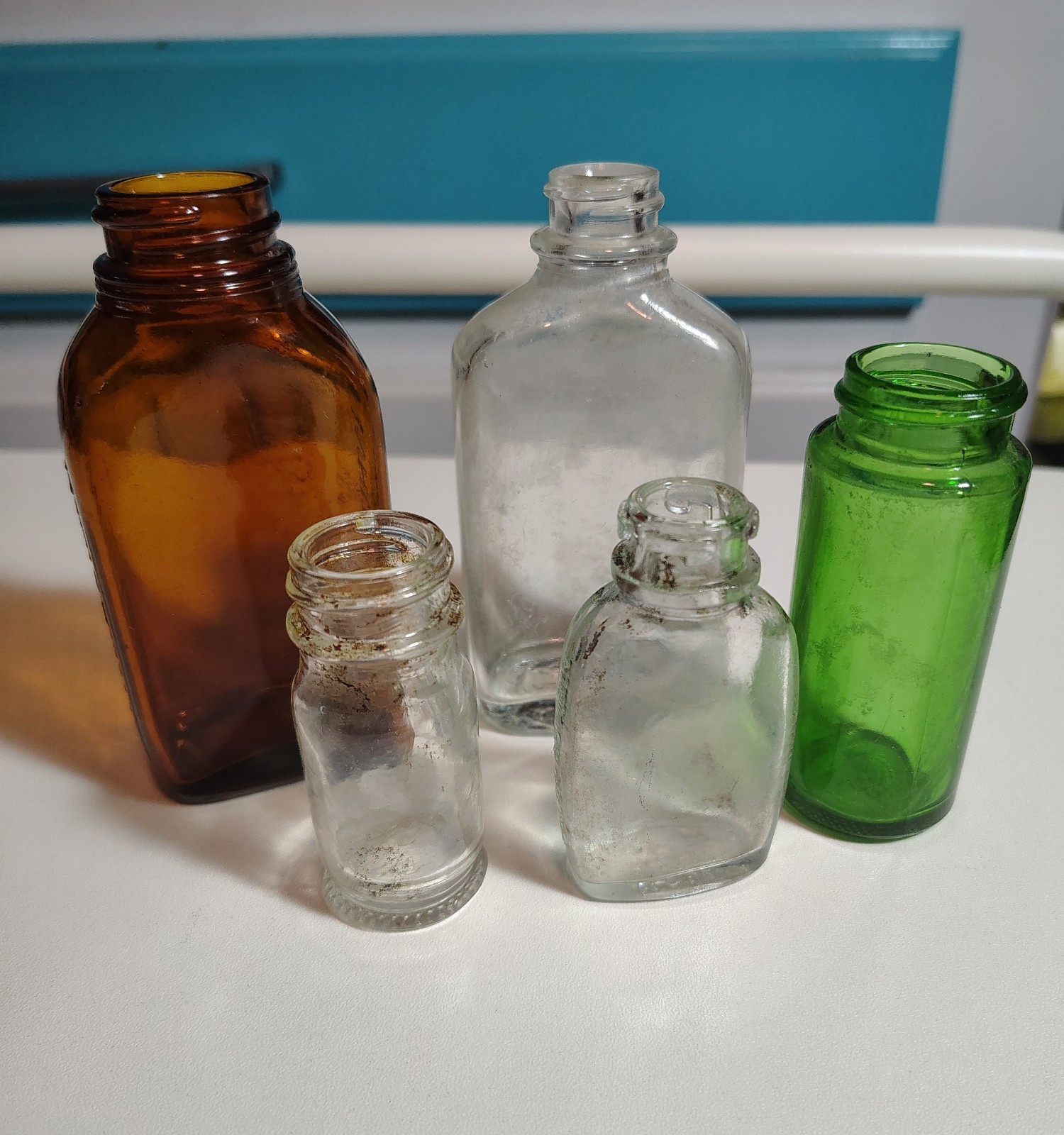 Lot Of 5 Antique Apothecary Bottles Amber Clear Green