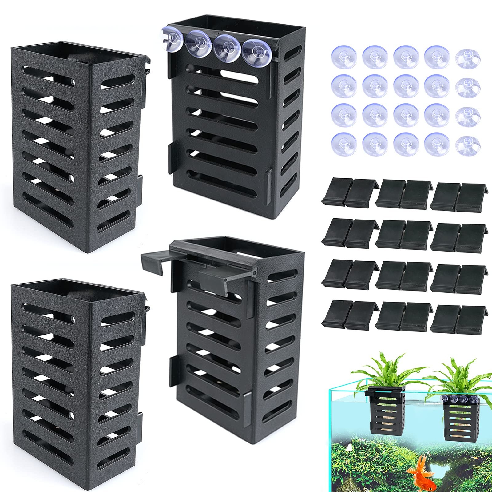 4PCS Aquarium Plant Holders with Hooks & Suction Cups Black Fish Tank