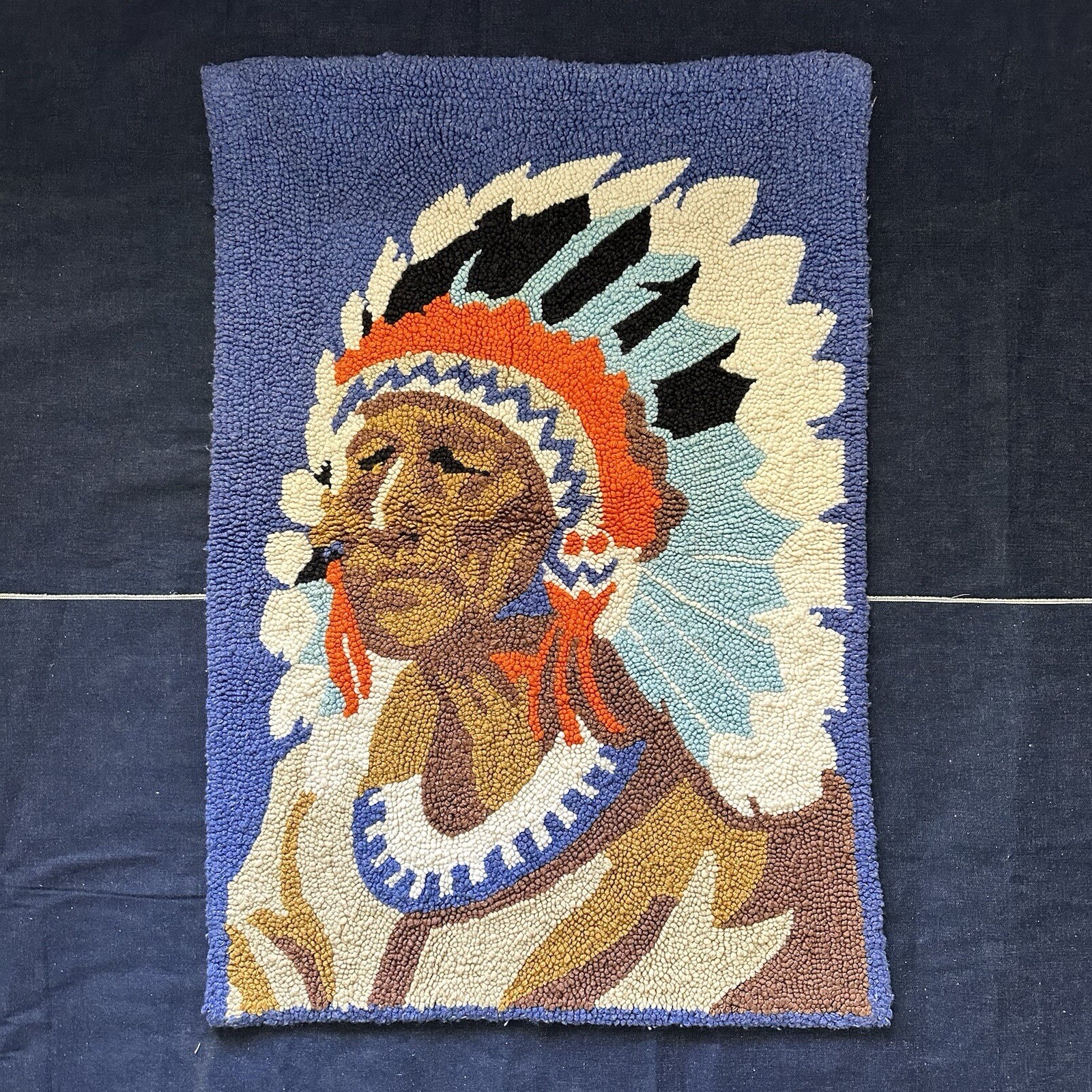 Vintage Indian Head Indian Chief Hand Hooked  Tapestry