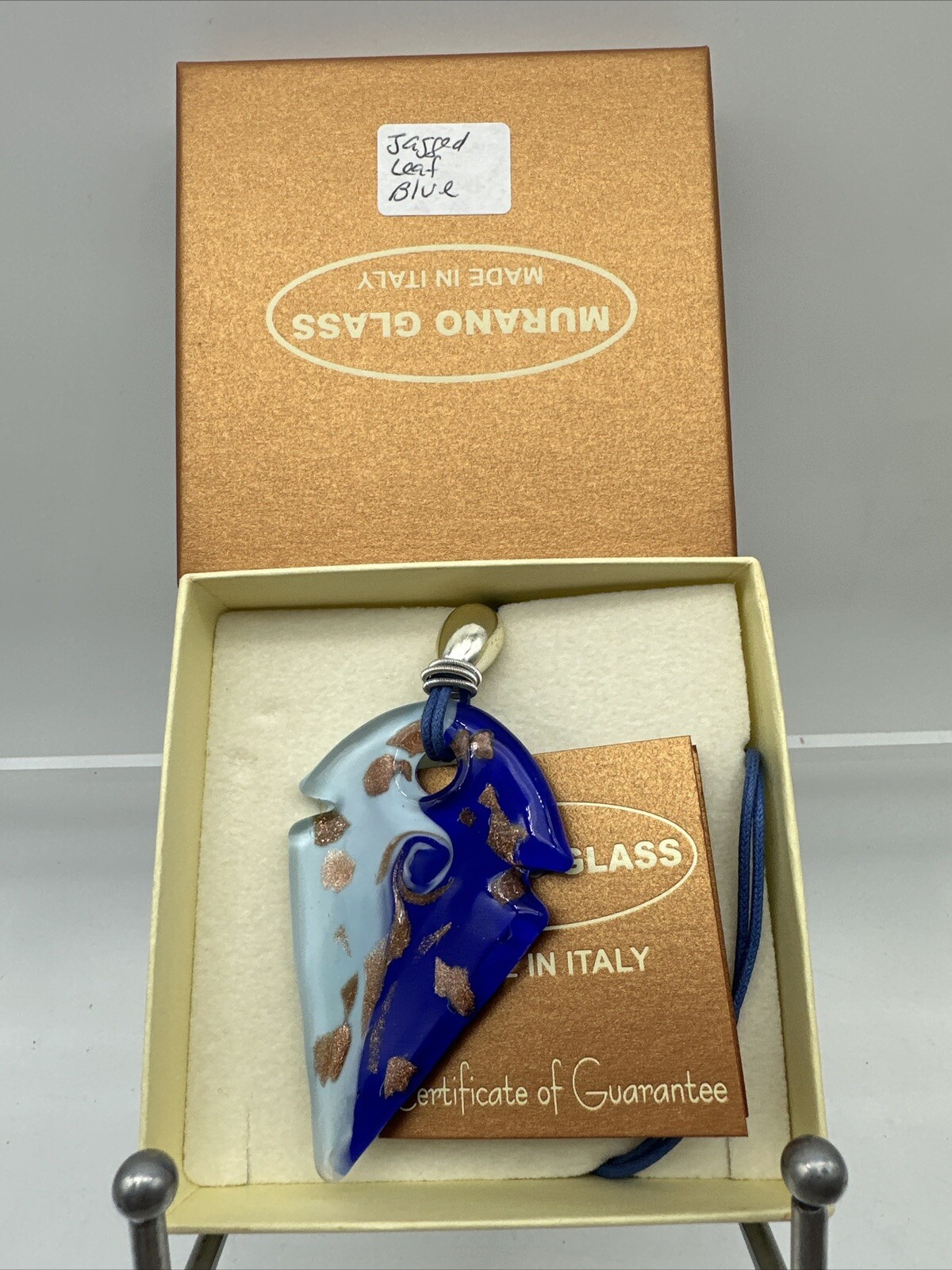 Murano Glass Jagged Leaf Pendant Blue Venetian Art Glass (M3)