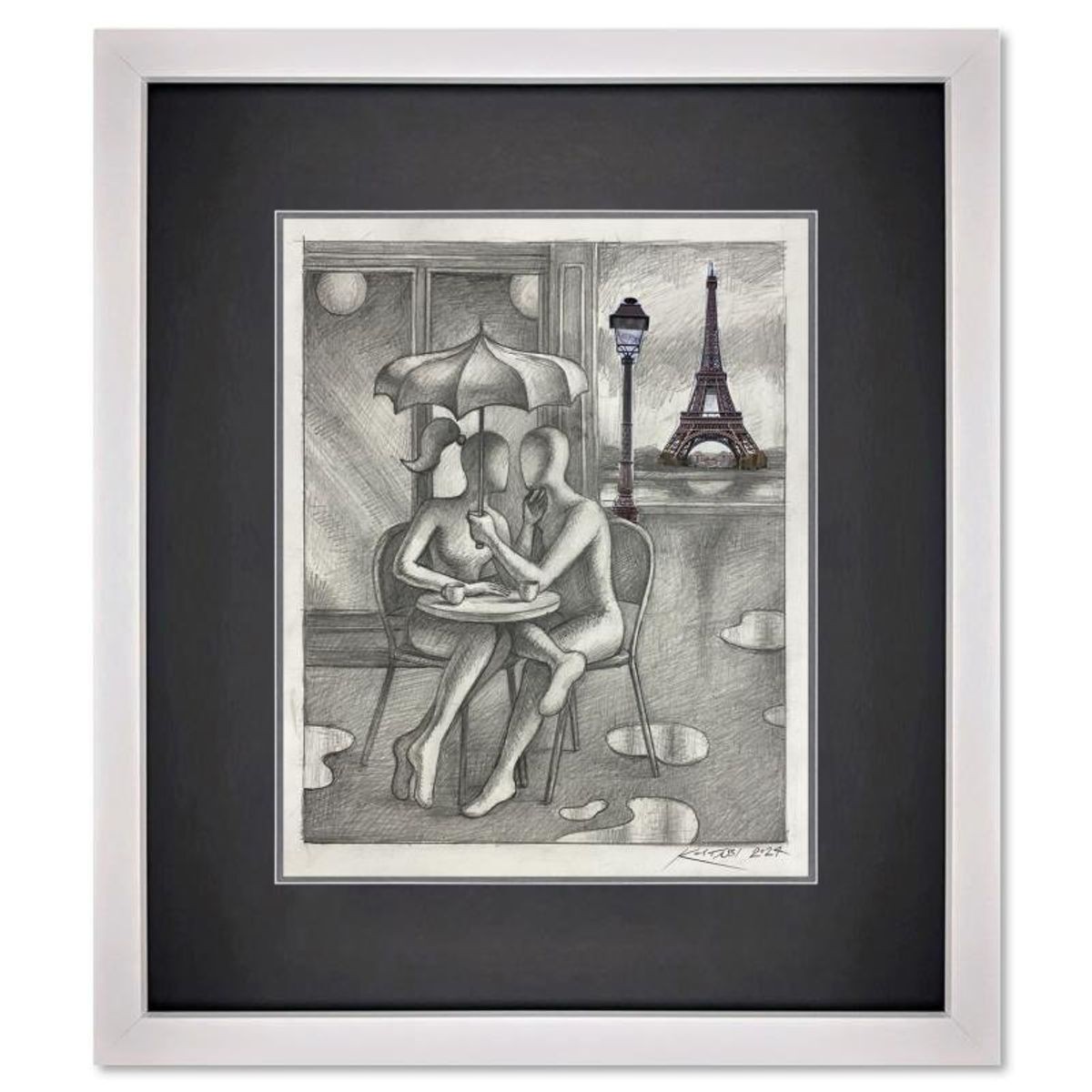Mark Kostabi, "That Magic Moment" Framed Original Mixed Media Drawing on Paper,